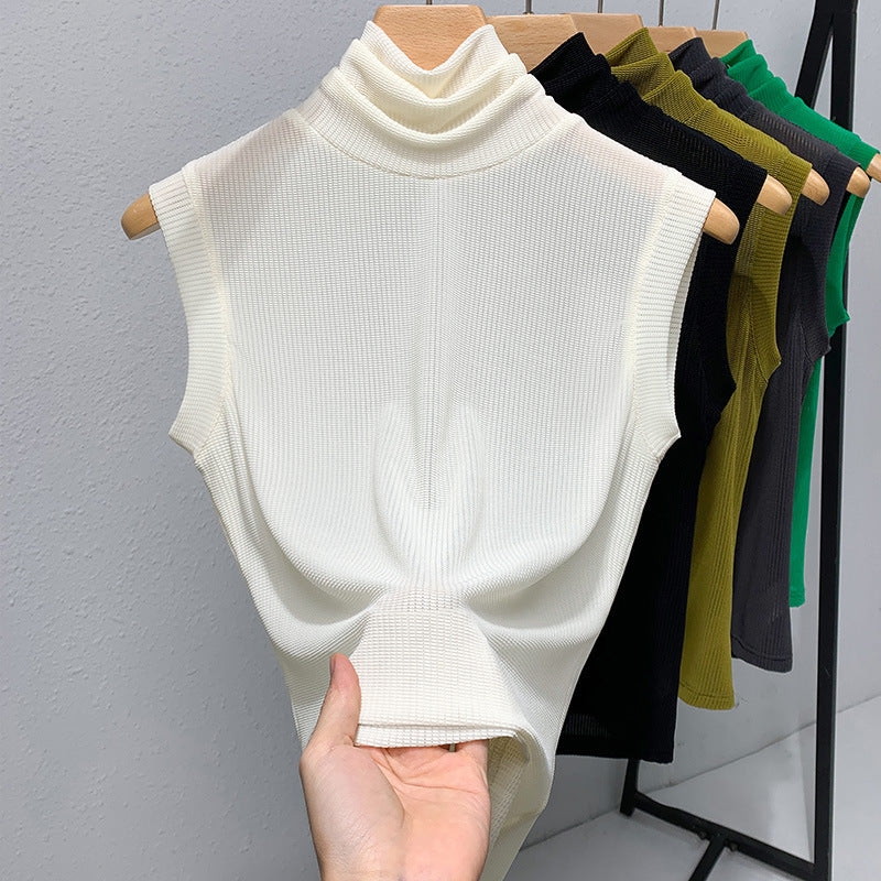 Ladies New Turtleneck Grenadine Solid Color Waist Tight Sleeveless Top